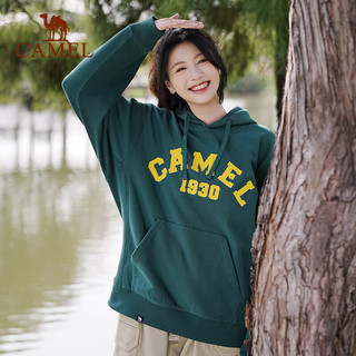 骆驼 CAMEL连帽卫衣女冬加绒保暖简约时尚中性复古连帽套头运动卫衣 L050，松针绿，男女同款 L