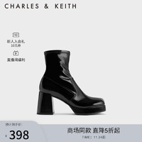 CHARLES & KEITH CHARLES&KEITH;时尚方头粗高跟拉链短靴女CK1-90580177 Black Patent黑色 35