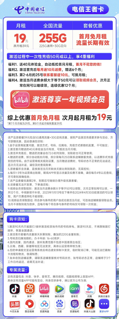 CHINA TELECOM 中国电信 王者卡 19月租（255G全国高速流量+送12个月B站大会员）激活赠20元E卡