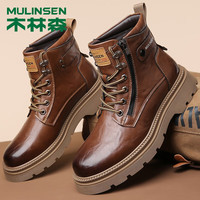 木林森男鞋高帮马丁靴男英伦风秋冬季增高休闲工装靴子厚底百搭 棕色 44