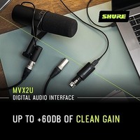 SHURE 舒尔 MVX2U XLR 至 USB 数字接口（带耳机插孔）、带 60dB 增益控制的集成前置放大器、零延迟监听