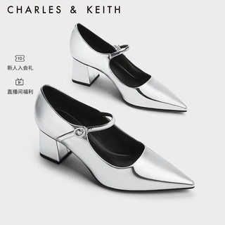 CHARLES&KEITH23冬季CK1-61720163时尚尖头一字带高跟玛丽珍鞋 Silver银色 37