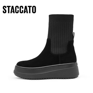 STACCATO 思加图 2023冬季新款飞织袜靴弹力靴瘦瘦靴加绒中筒靴女靴S9930DZ3