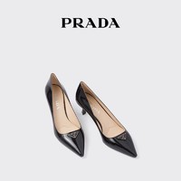PRADA 普拉达 女士金属刻字徽标饰漆皮高跟鞋 黑色 35.5