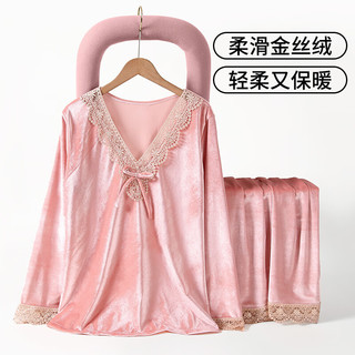 上海故事睡衣女冬款金丝绒加绒加厚保暖秋冬季女士家居服套装 粉色 L