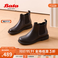 Bata 拔佳 切尔西靴女2023冬商场英伦风牛皮粗跟通勤短筒靴86818DD3 黑色-单里 37