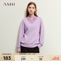 AMII2023冬绣花宽松卫衣女V领不倒绒加绒长袖套头上衣 灰紫 170/92A/XL