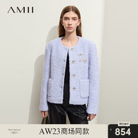 AMII2023冬配胸针圆领圈圈呢羊毛呢外套女异形纽扣垫肩上衣 滑翔伞蓝 155/80A/S