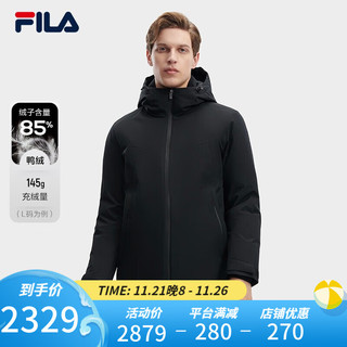 FILA 斐乐男士中长款羽绒服2023冬休闲基础简约连帽上衣 正黑色-BK 180/100A/XL