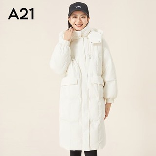 A21 女冬连帽保暖面包服中长款羽绒服立领简约加厚舒适外套 米杏 L