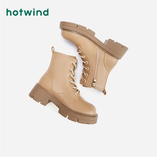 hotwind 热风 冬季女士粗跟加厚短筒靴子百搭甜酷马丁靴