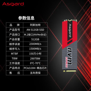 Asgard 阿斯加特 512GB SSD固态硬盘 M.2接口(NVMe协议) PCIe 3.0 AN系列 读速高达2300MB/s