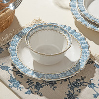 摩登主妇 烟蓝陶瓷碗盘餐具家用米饭碗盘子欧式轻奢碗碟套装 8.25英寸烟蓝花边-圆盘