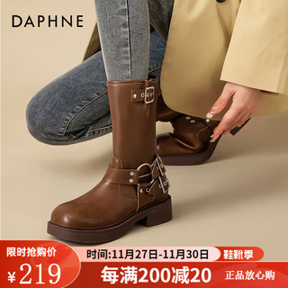 DAPHNE 达芙妮 马丁靴女英伦风粗跟骑士靴中筒复古西部牛仔靴女 棕色 37