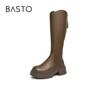BASTO 百思图 23冬季商场英伦加绒骑士靴不过膝厚底女长筒靴MDC21DG3 棕色 37
