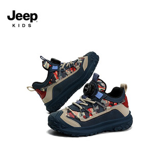 Jeep吉普男童鞋子旋纽扣软底加绒保暖冬季二棉女儿童运动鞋 蓝红迷彩（皮面） 38码 鞋内长约23.9cm