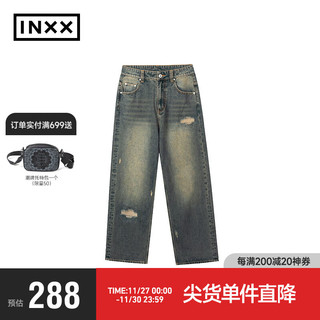 英克斯（inxx）Standby 潮牌宽松休闲破洞牛仔裤直筒裤XMD4221746 牛仔蓝色 XL