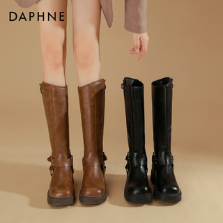 达芙妮（DAPHNE）棕色马丁靴女鞋子复古厚底美式西部牛仔靴长筒靴 棕色 37