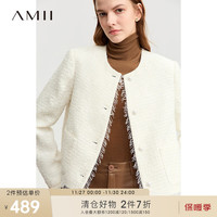 AMII2023冬经典香风仿珍珠扣粗花呢外套女圆领流苏边箱型上衣 米白 165/88A/L