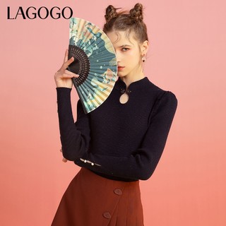 Lagogo2021旗袍领花型纽扣泡泡袖针织衫女KCMM43XC38