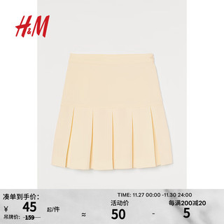 H&M 女装半身裙夏季欧美学院风绉织高腰显瘦百褶裙短裙A字裙0990436 浅黄色 155/60A