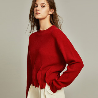 ELLE法式设计感宽松红色毛衣女2023冬装复古小众气质毛针织衫