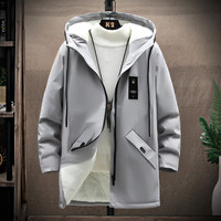 金盾(KINDON)冬加绒中长款风衣男士潮流连帽外套时尚加厚棉衣男百搭上衣 灰色 XL 体重115-130斤