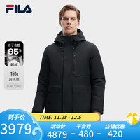 FILA 斐乐男士中长款羽绒服2023冬休闲简约基础连帽上衣 正黑色-BK 170/92A/M