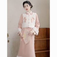 新中式甜美气质旗袍套装女冬款高级感加绒加厚连衣裙两件套