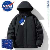 NASA MARVEL 联名羽绒服男士外套冬季短款潮流连帽宽松白 黑色 XL