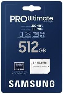 Samsung 三星 PRO Ultimate microSD 存储卡(MB-MY512SA/WW),512 GB,UHS-I U3,全高清 & 4K 超高清,200 MB / 秒读取,130 MB / 秒写入,适用于智能手机,无人机或运动相机,包括 SD 适配器