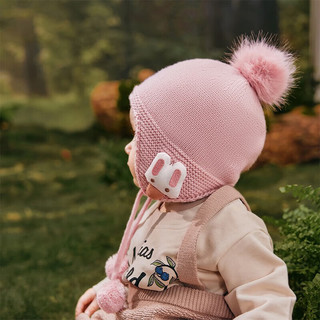 柠檬宝宝 儿童冬季小耳朵贴贴帽护耳保暖   针织帽卡通可爱羊毛帽 蒂娜小兔粉 帽围