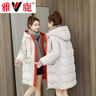 雅鹿棉服女中长款冬季韩版时尚棉衣宽松棉袄外套品牌女装 米白色 L 115到130斤