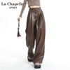 La Chapelle 复古美式皮裤女冬高腰显瘦垂感拖地直筒阔腿裤