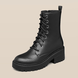 斯凯奇（Skechers）马丁靴女靴时尚高帮拉链短靴机车靴 49056-BBK 黑色 37