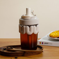 LOCK&LOCK 奶芙咖啡杯吸管直饮两用玻璃便携水杯480ml巧克力色LLG770CHO