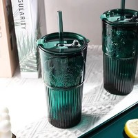 青苹果 浮雕玻璃杯家用北欧复古水杯女神款吸管杯墨绿色大容量