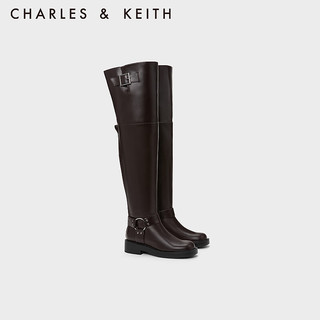 CHARLES&KEITH23冬季时尚皮带扣过膝阔筒长筒靴女CK1-90920136 Dark Brown深棕色 39