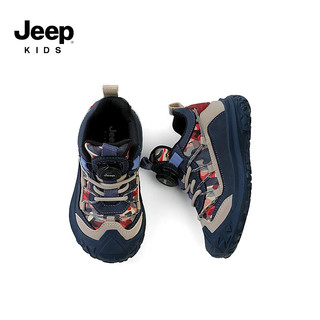 Jeep吉普男童鞋子旋纽扣软底加绒保暖冬季二棉女儿童运动鞋 蓝红迷彩（皮面） 27码 鞋内长约17.6cm