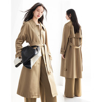女装通勤气质简约系带单排扣翻领长风衣外套女
