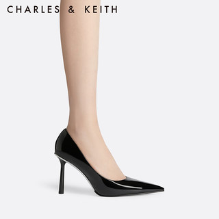 CHARLES&KEITH23冬季时尚漆皮尖头细高跟单鞋女CK1-60280416 Black Patent黑色 40