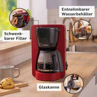 BOSCH 博世 过滤式咖啡机 MyMoment TKA2M114,1200 W,玻璃壶 1.25 升,10-15 杯,40 分钟保温功能,红色哑光
