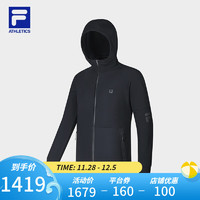 FILA 斐乐男士针织连帽外套2023冬基础加绒运动上衣 深黑-BK 175/96A/L