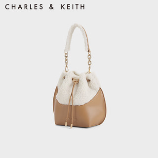 CHARLES&KEITH23冬季拼接毛绒抽绳斜挎水桶包女CK2-10782280-1 Camel驼色 S