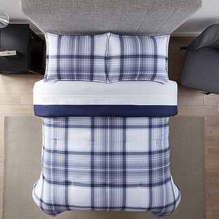 SERTA Simply Clean Scott 柔软现代格纹棉被套装带枕套四季适用,单人床/单人床 XL 码,蓝色