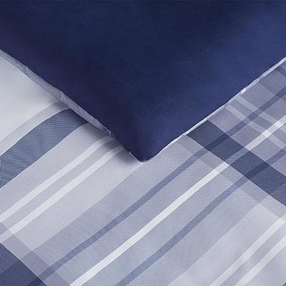 SERTA Simply Clean Scott 柔软现代格纹棉被套装带枕套四季适用,单人床/单人床 XL 码,蓝色