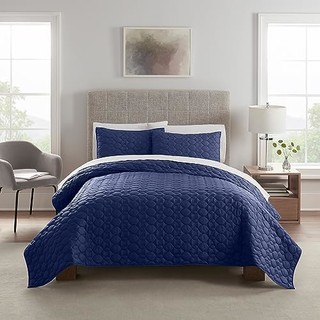 SERTA 简单舒适柔软现代 3 件套纯色床上用品被套装带枕套,适用于四季,大号双人床,*蓝