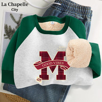 La Chapelle City 拉夏贝尔插肩袖加绒卫衣女冬季撞色美式复古羊羔绒上衣 墨绿-格纹M字母 M