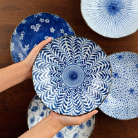 美浓烧 日本餐具 日式盘子家用创意菜盘水果盘 8英寸餐盘套装 蓝绘8英寸盘5件套