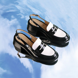 tigrisso 蹀愫 2023春夏季新款舒适粗跟黑白拼色圆头乐福鞋后空凉鞋